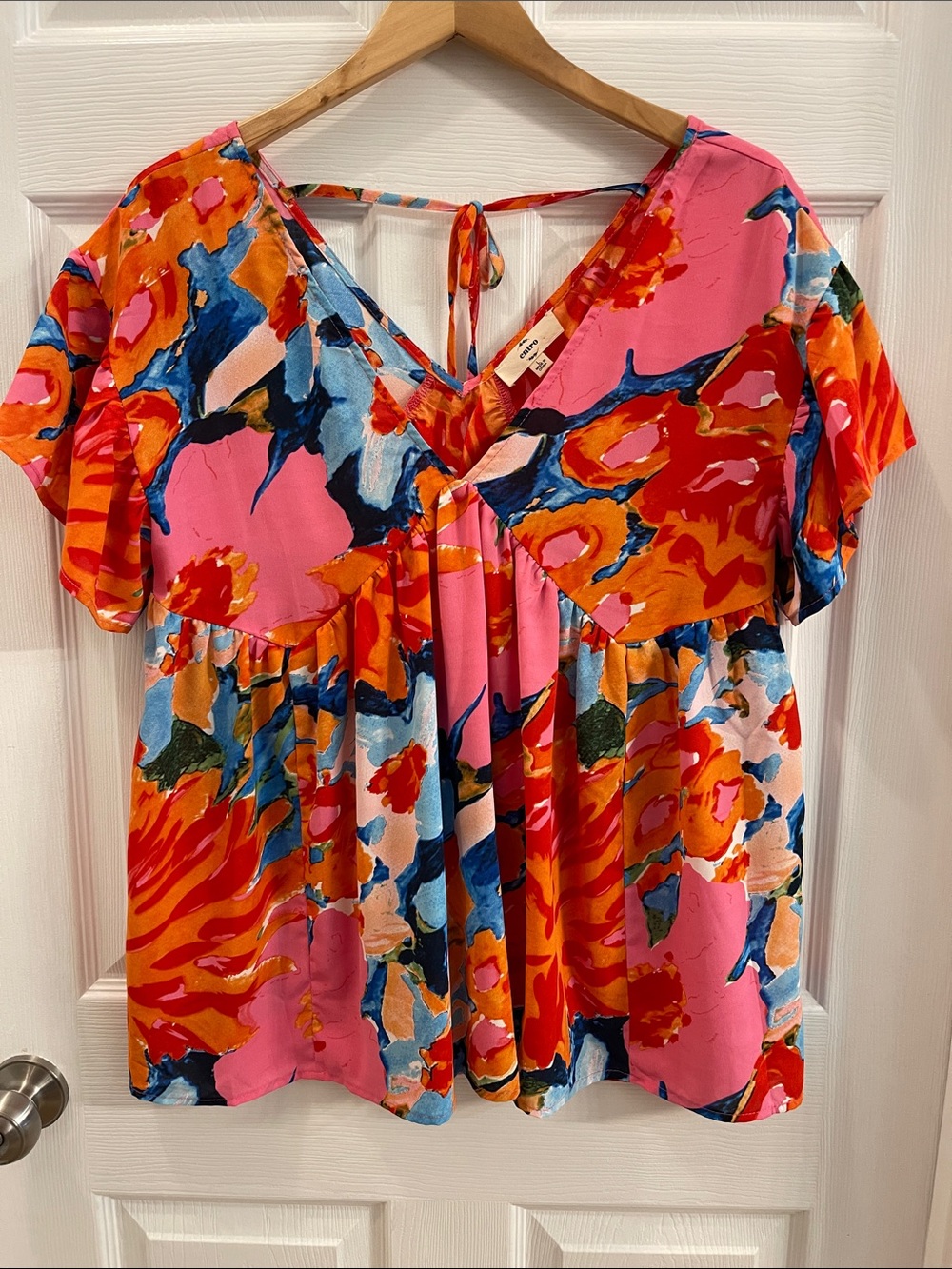 Entro Vibrant Floral V-Neck Babydoll Top - Pink Multi